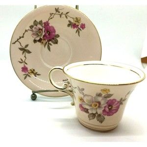 AYNSLEY Teacup Saucer Pale Pink With Floral Design Vintage England